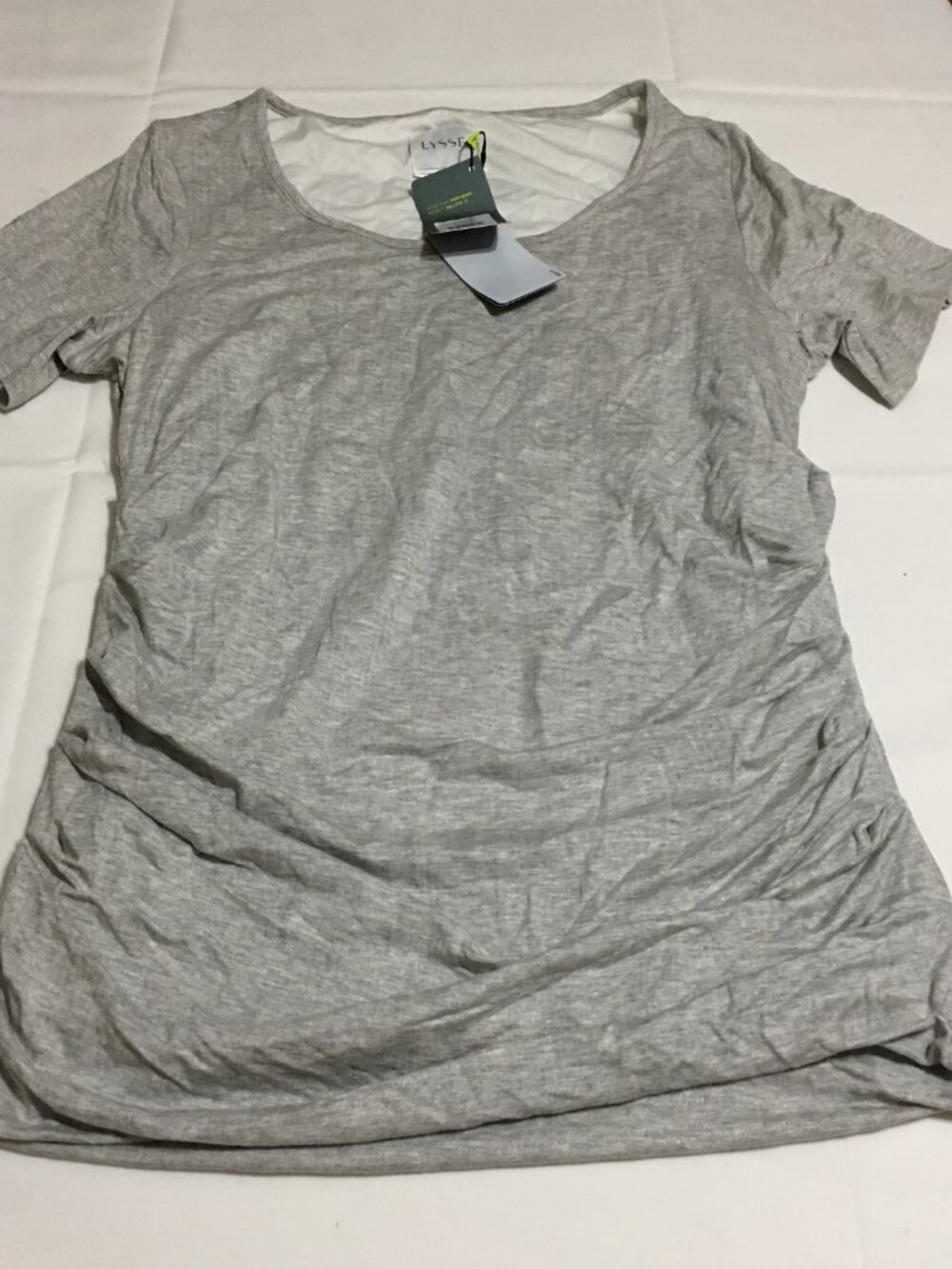 LYSSÉ Womens Short Sleeve Top Shirt XL Silver Heather Ruched NWT